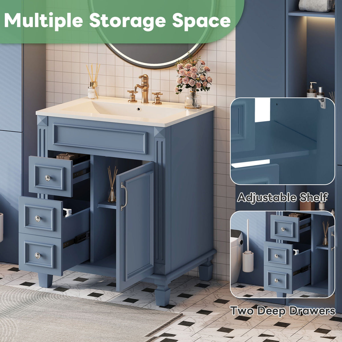 Bathroom Vanity With Sink, Compact Cabinet & 2 Drawers And Adjustable Shelf, photo 26 of 40