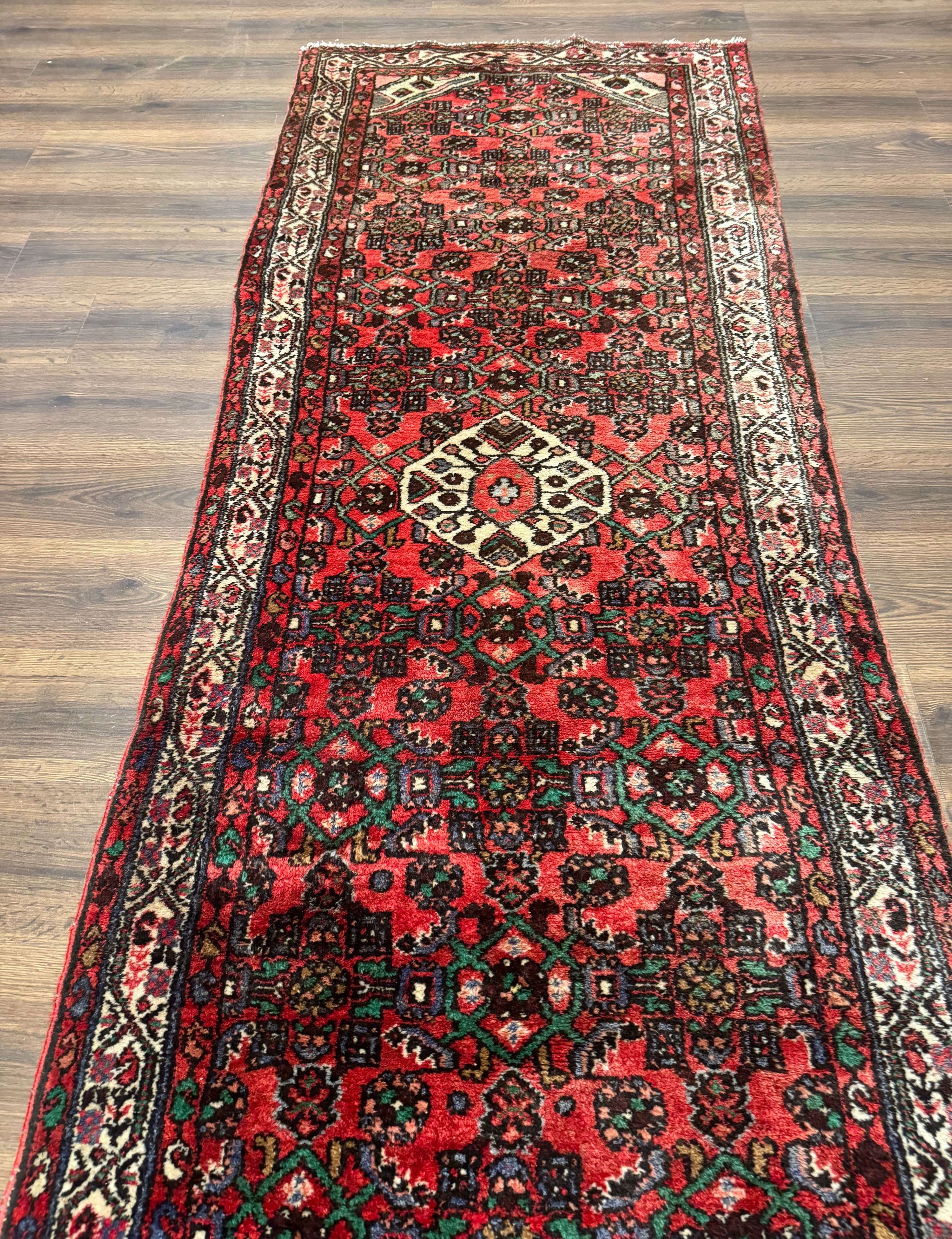 Persian Runner Rug 3x10, Wool Hand Knotted Hallway Rug 3 x 10 ft, Red and Ivory, Hamadan Angelas Runner by Jewel Rugs