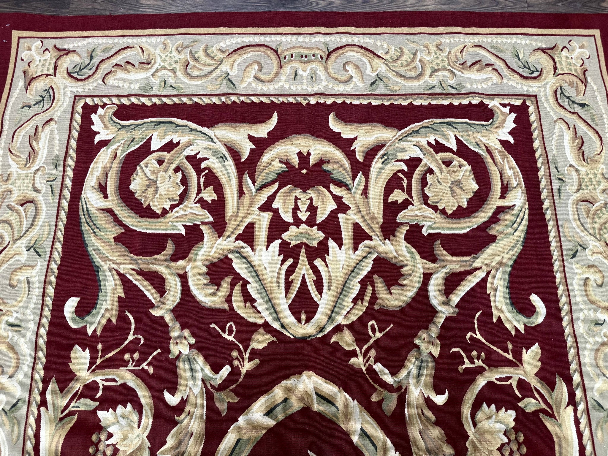 Burgundy Aubusson Rug 6x9, Vintage Wool Carpet by Jewel Rugs