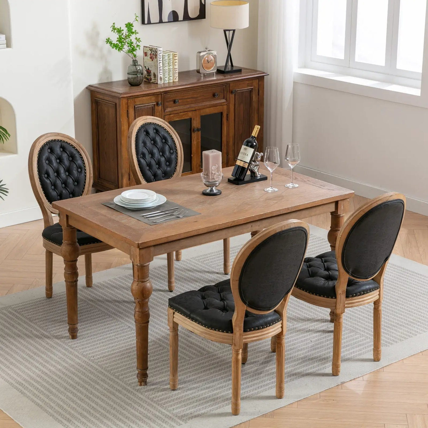 French Style Solid Wood Frame Antique Painting, Hand-Pulled Buckle Decoration Artificial Dining Chair With Nailhead Trim, Wood Legs by HouseOfZazla