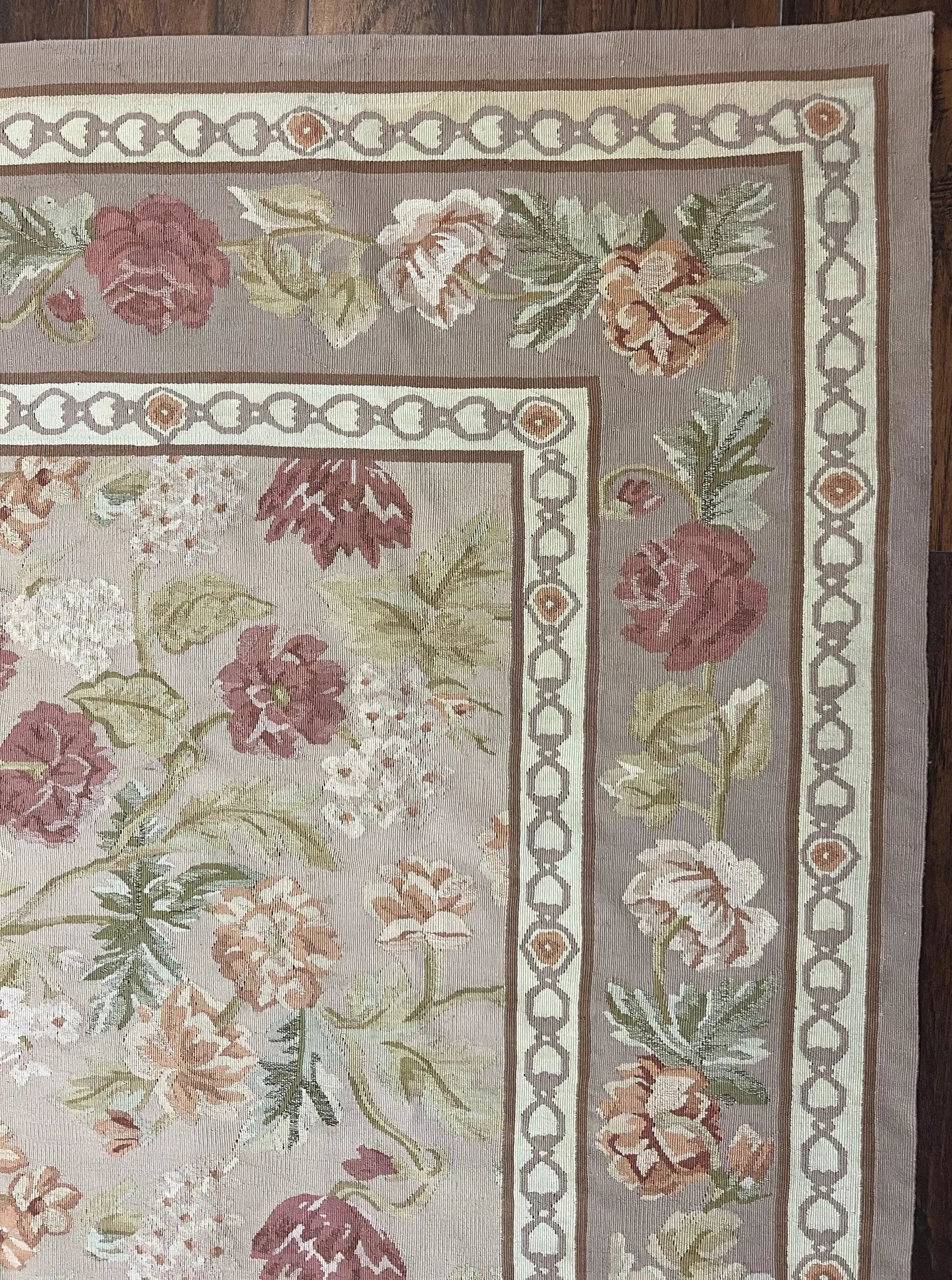 Aubusson Rug 9x12, Pink Beige Light Mauve, Handmade Allover Floral Roses, Wool Flatweave Carpet 9 x 12 ft, European French Design, Elegant by Jewel Rugs