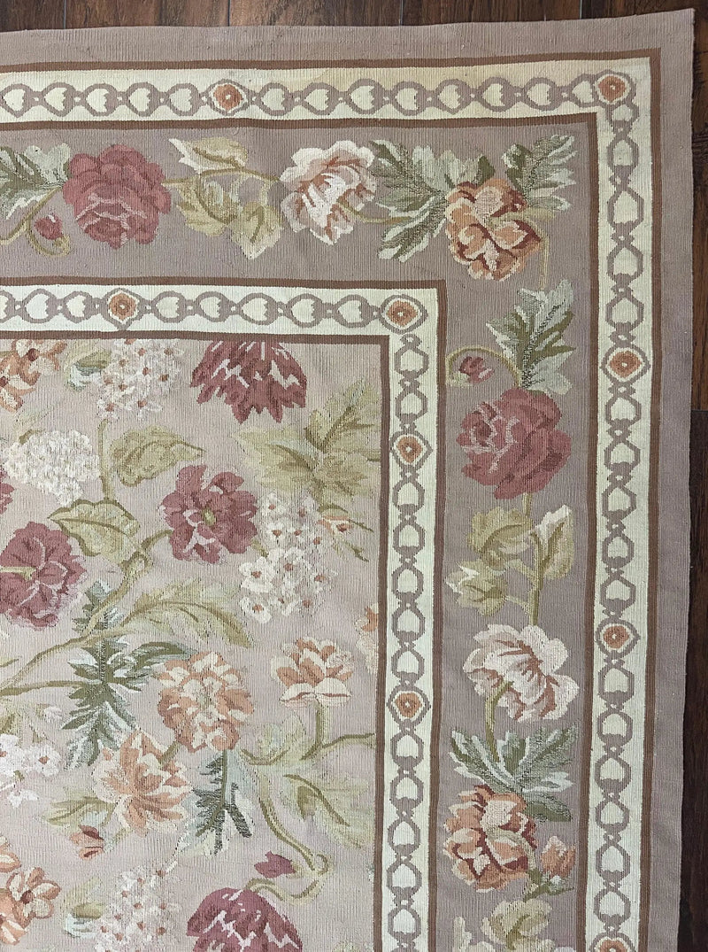 Aubusson Rug 9x12, Pink Beige Light Mauve, Handmade Allover Floral Roses, Wool Flatweave Carpet 9 x 12 ft, European French Design, Elegant by Jewel Rugs