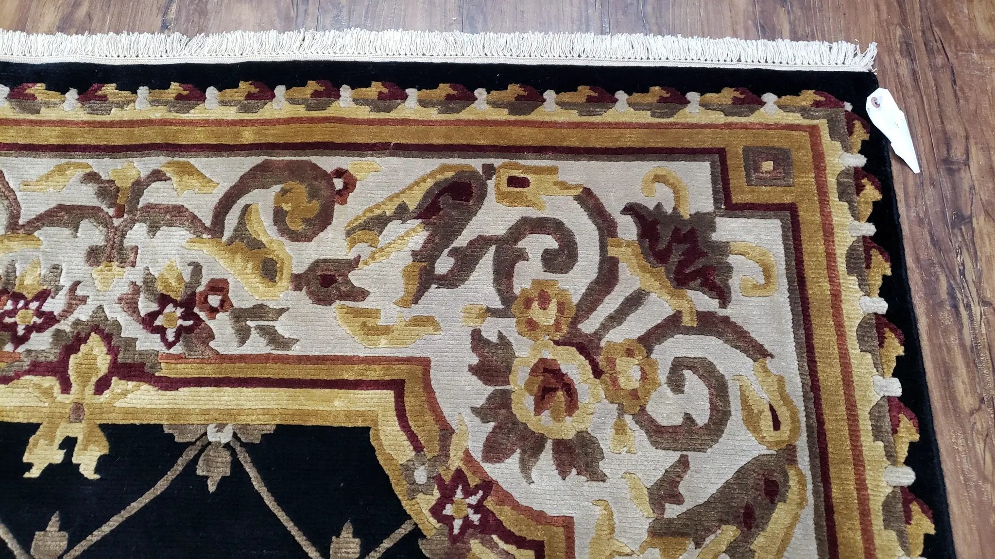 6x9 Nepalese Rug, Aubusson Savonnerie Area Rug 6 x 9 with Soft Pile, Hand-Knotted Wool Black & Beige Tibetan New Carpet European Design by Jewel Rugs