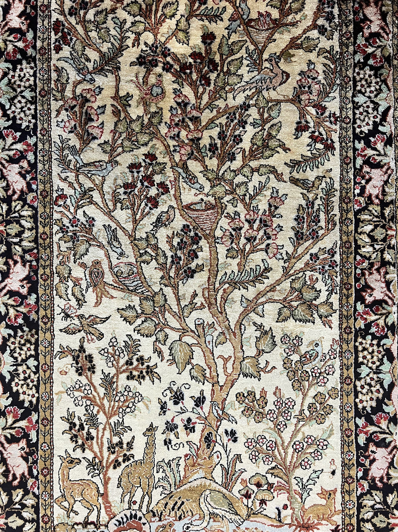 Silk Tree of Life Persian Qum Rug 3x4, Hand Knotted Vintage Carpet, Cream & Black, Very Fine Oriental Rug, Animal Pictorials, Birds by Jewel Rugs