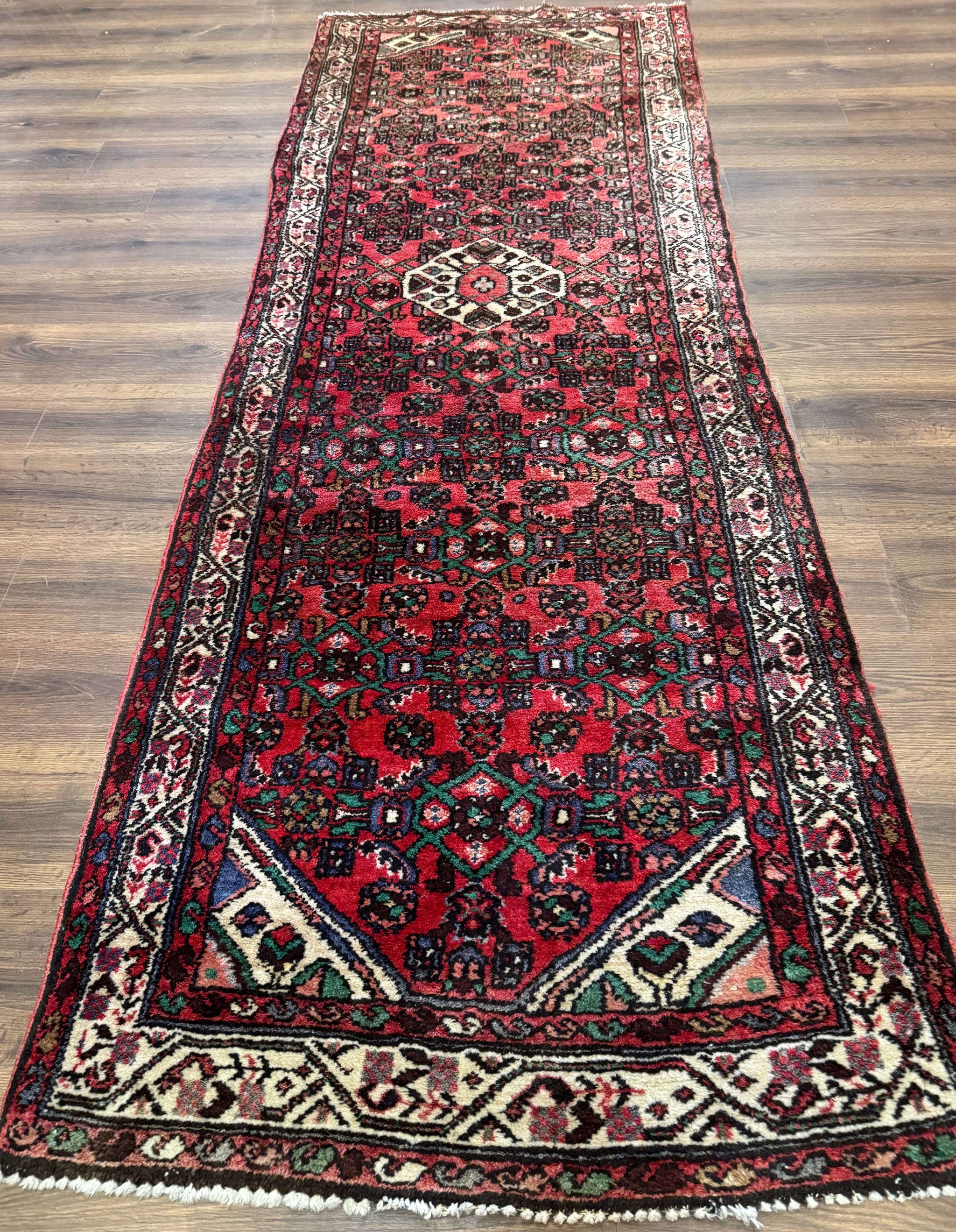 Persian Runner Rug 3x10, Wool Hand Knotted Hallway Rug 3 x 10 ft, Red and Ivory, Hamadan Angelas Runner by Jewel Rugs