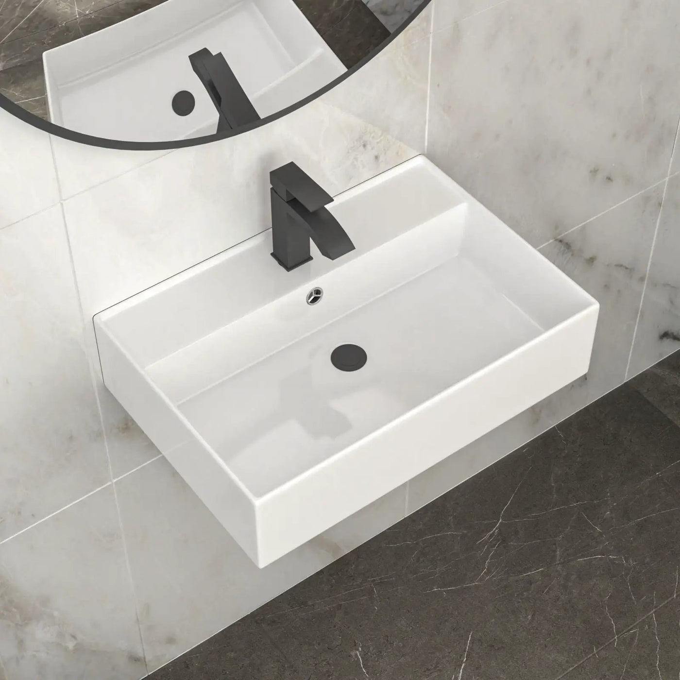 Modern Ceramic Rectangular Wall Mounted Bathroom Sink With Faucet Hole & Overflow by HouseOfZazla