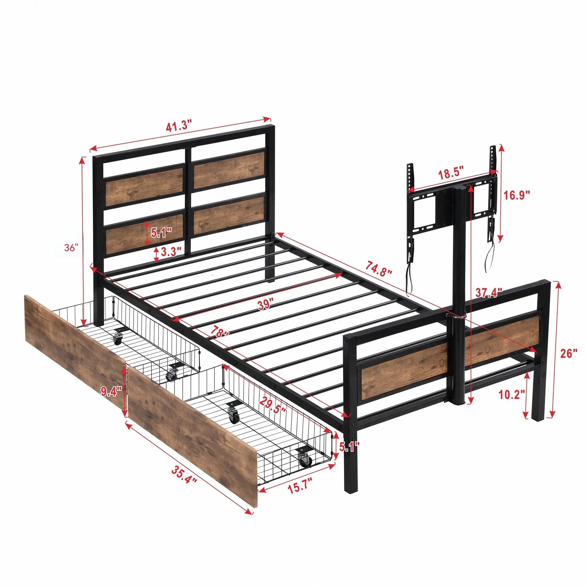 Twin Size Platform Bed With Headboard And Footboard, 2 Storage Drawers And Rotatable TV Stand - Black by HouseOfZazla