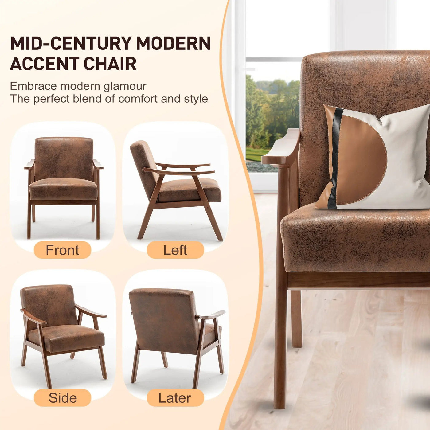 Mid Century Modern Accent Chair With Solid Wood Frame And Extra Thick Backrest by HouseOfZazla