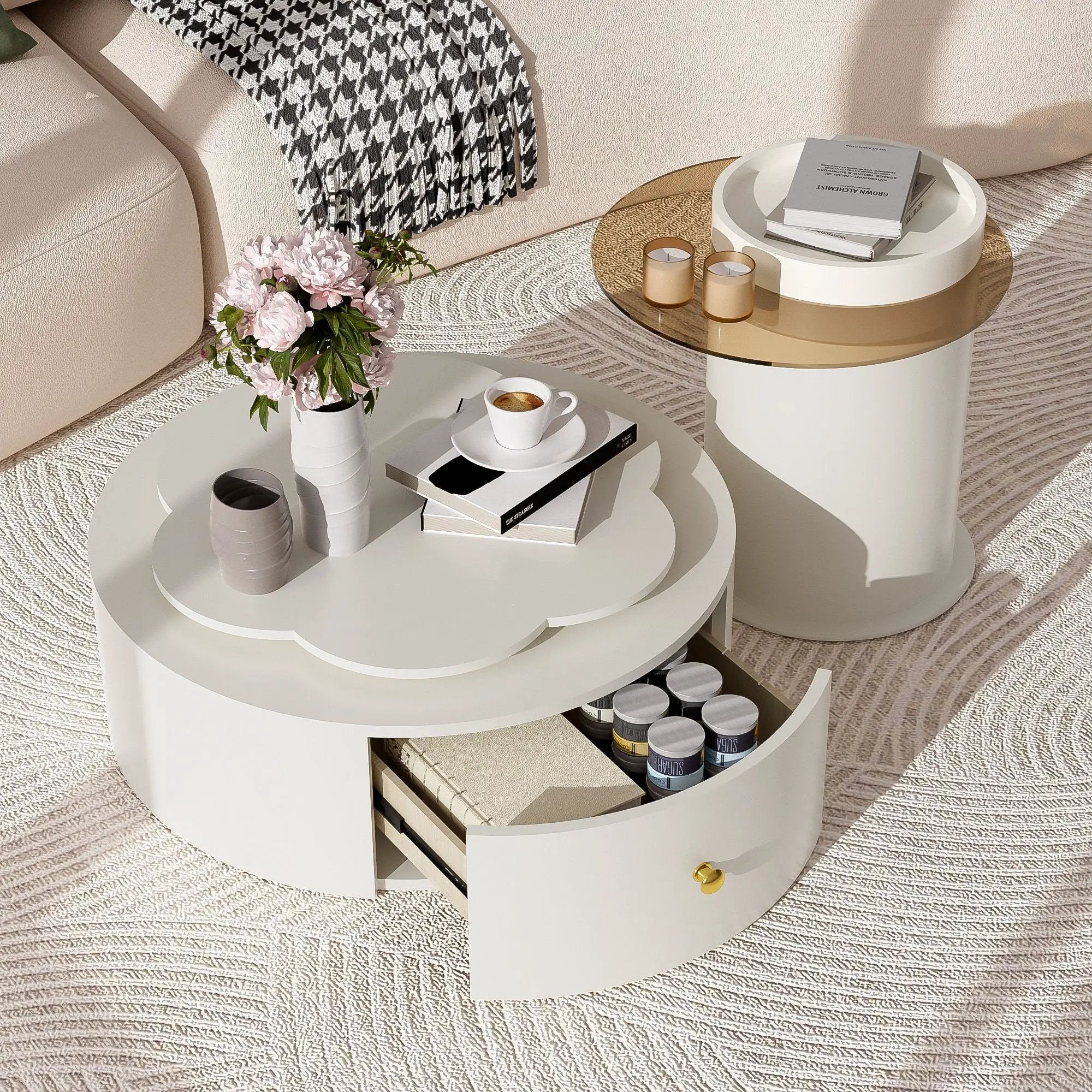 Modern Round Coffee Table (Set of 2), 360 Degree Rotatable Flower Shaped Top With 2 Drawers, Top Circle Side Table End Table With Glass For Living Room - Off White by HouseOfZazla