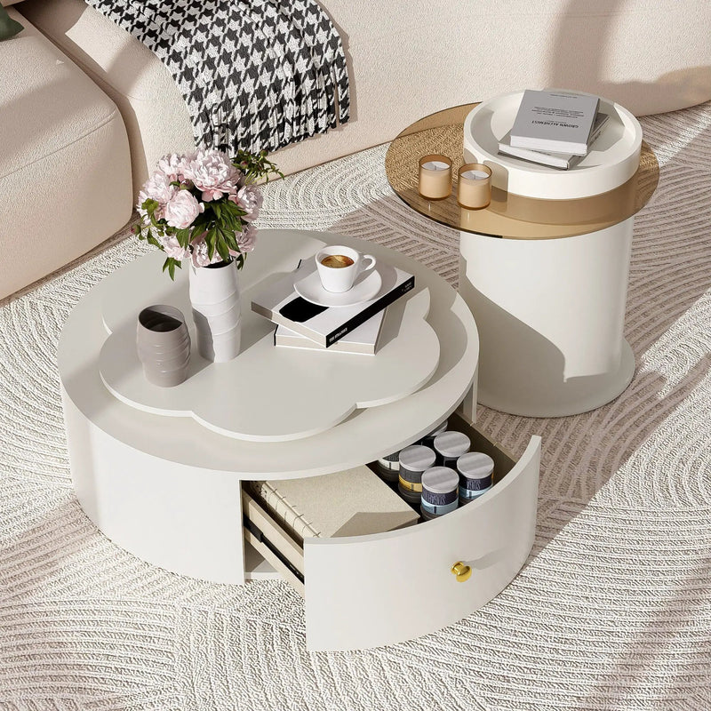 Modern Round Coffee Table (Set of 2), 360 Degree Rotatable Flower Shaped Top With 2 Drawers, Top Circle Side Table End Table With Glass For Living Room - Off White by HouseOfZazla