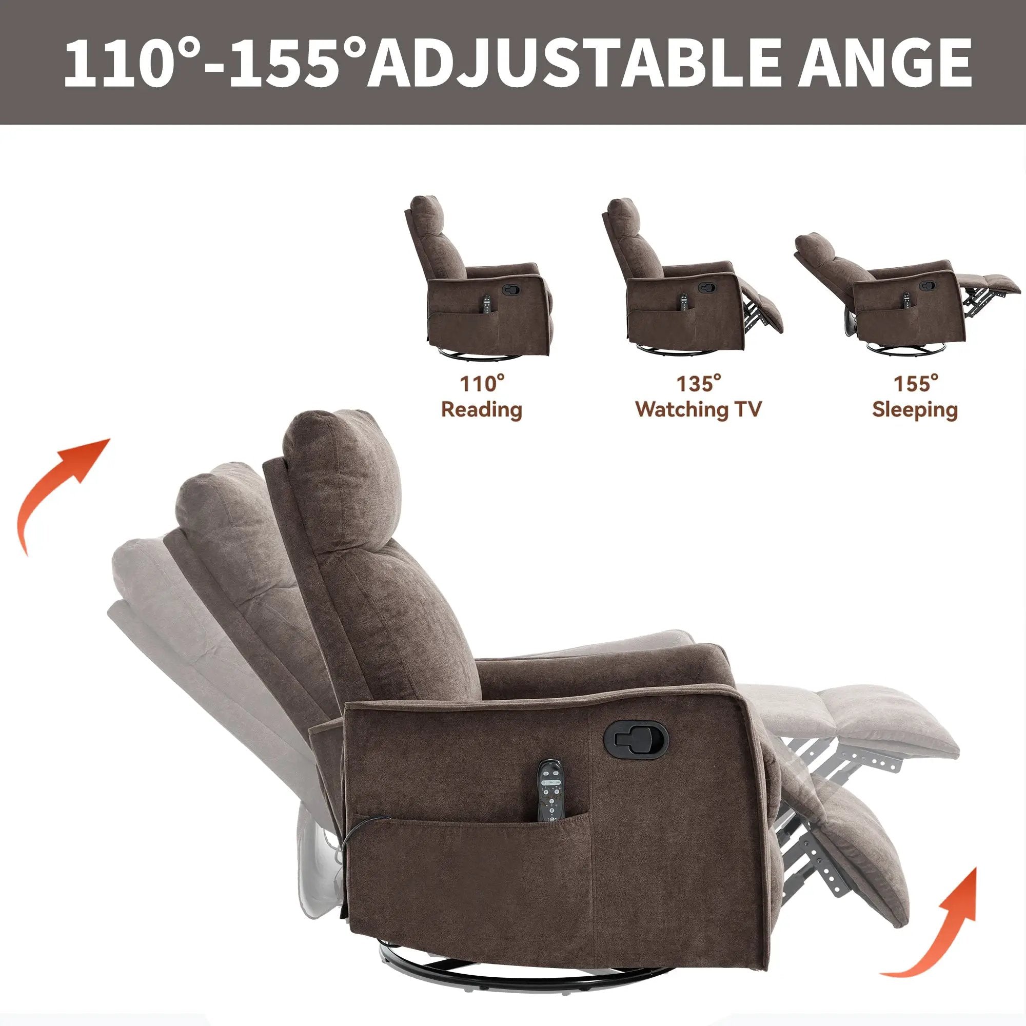 Heat Massage Manual Recliner Chair with Rocker and Swivel in Fabric by HouseOfZazla