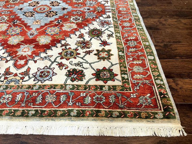 Indo Persian Heriz Rug 7x9, Geometric Pattern, Cream & Light Red, Handmade Vintage Wool Carpet by Jewel Rugs