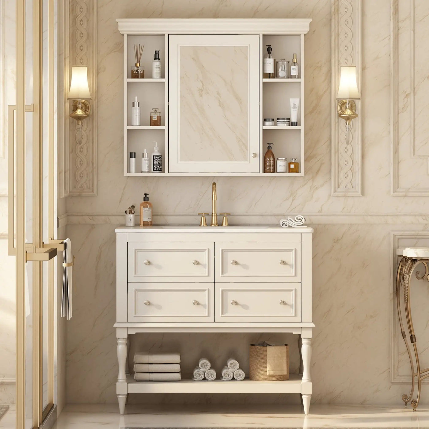 Bathroom Vanity With Medicine Cabinet, Storage Cabinet With 4 Drawers, Adjustable Shelf Mirror by HouseOfZazla