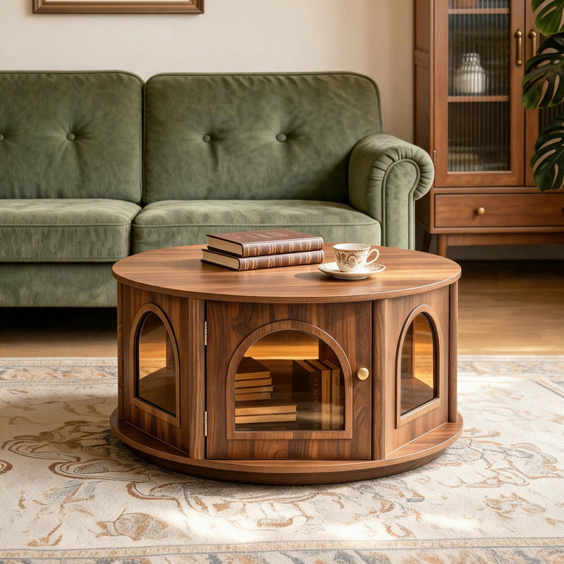 31.5" Round Coffee Table with Storage and Pet House - Dark Walnut, photo 4 of 8