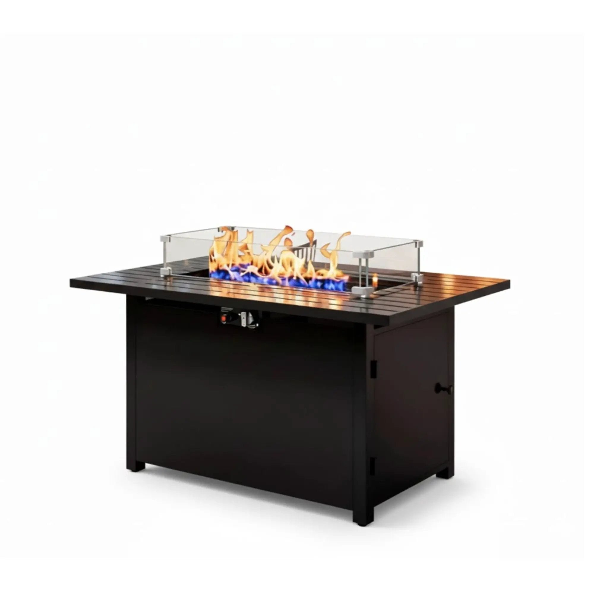 Outdoor 2 In 1 Gas Fire Pit Table With Lid & Glass Shield, Stainless Burner, Lava Rock, Rectangular Design - Black by HouseOfZazla