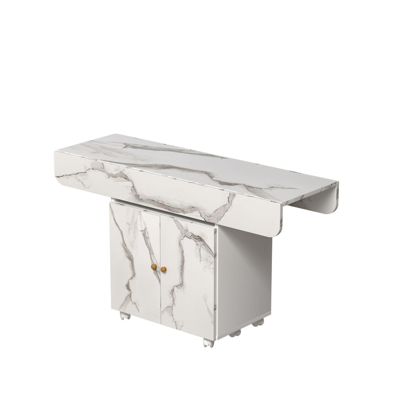 Versatile Marble Folding Dining Table With Storage Rack And Cabinet, 6 Wheels - White by HouseOfZazla