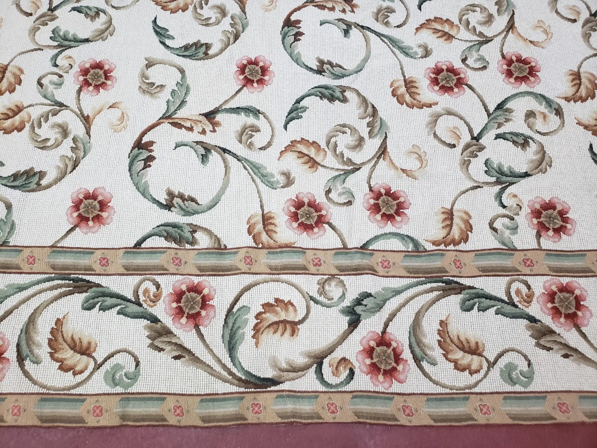 Needlepoint Rug 9x12, European Aubusson Design, Floral Allover Garden Pattern, New Needlepoint Area Rug, Ivory Rug, Hand Woven, Flatweave by Jewel Rugs
