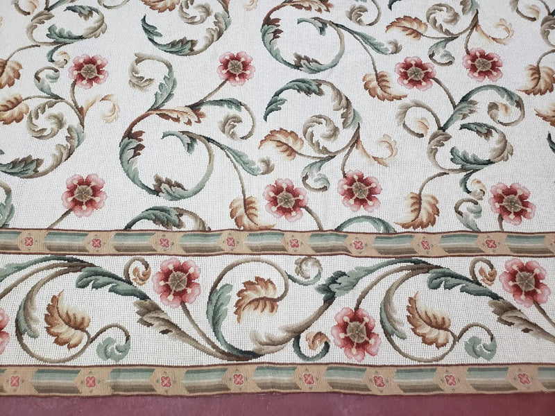 Needlepoint Rug 9x12, European Aubusson Design, Floral Allover Garden Pattern, New Needlepoint Area Rug, Ivory Rug, Hand Woven, Flatweave by Jewel Rugs