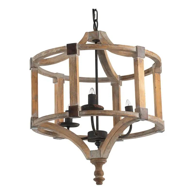 3 Light Wood Drum Chandelier, Hanging Light Fixture With Adjustable Chain For Kitchen, Bulb Not Included - Brown by HouseOfZazla