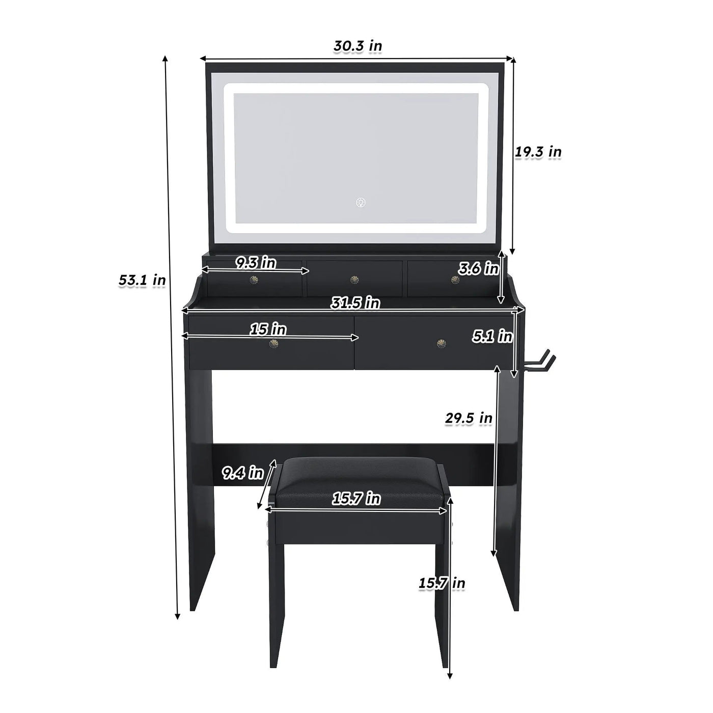 Modern Makeup Vanity Set With Power Outlet, Hair Dryer Holder, And Adjustable Lighting by HouseOfZazla