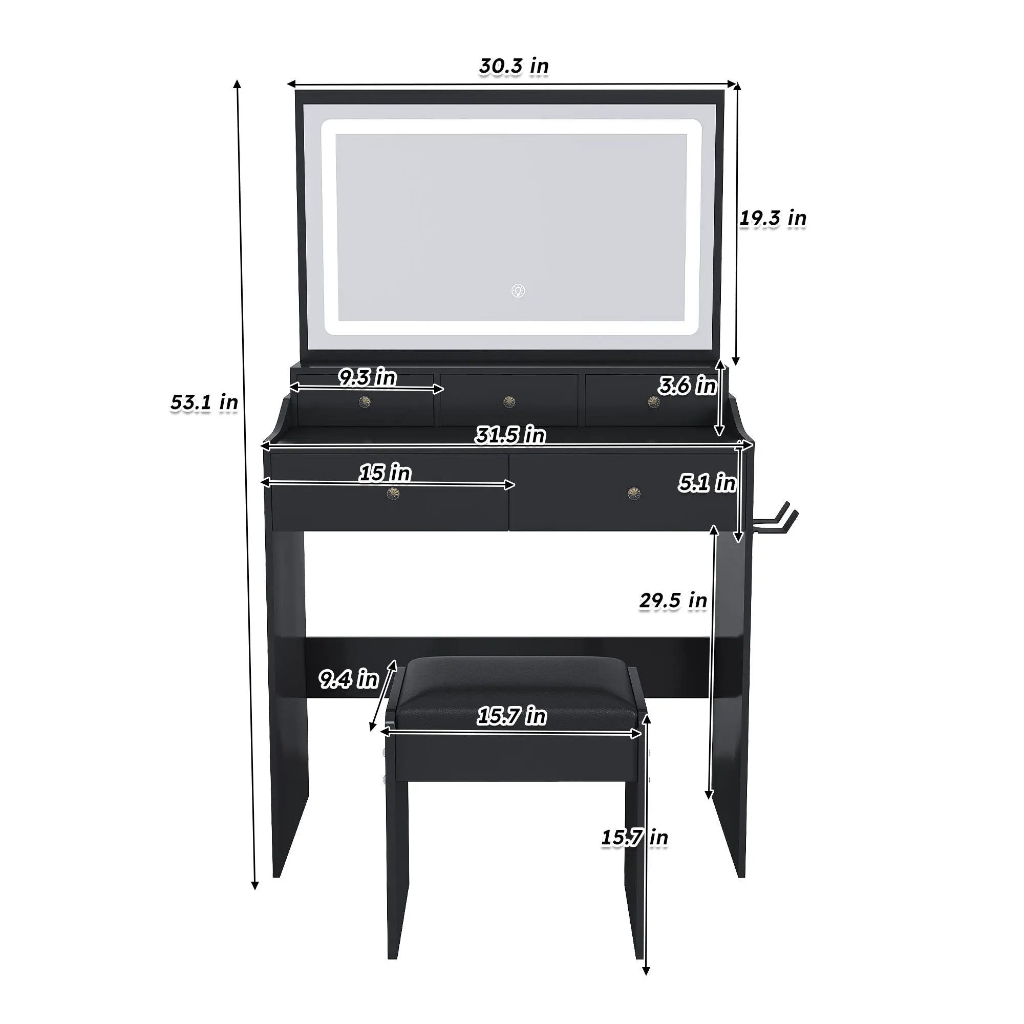 Modern Makeup Vanity Set With Power Outlet, Hair Dryer Holder, And Adjustable Lighting by HouseOfZazla