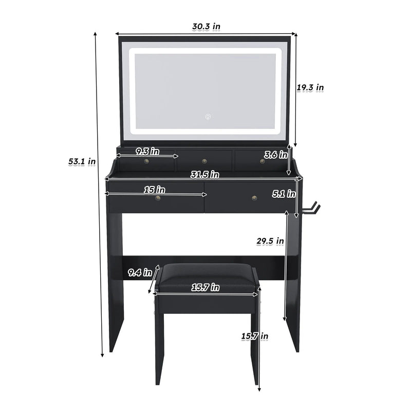 Modern Makeup Vanity Set With Power Outlet, Hair Dryer Holder, And Adjustable Lighting by HouseOfZazla