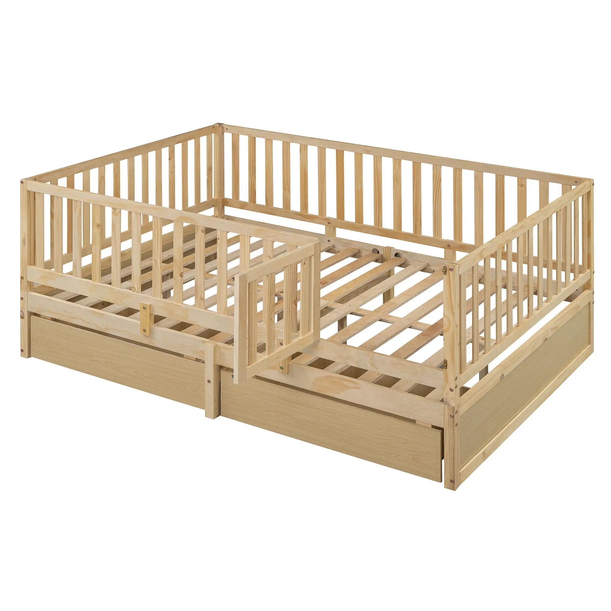 Daybed With Fence Guardrails And 2 Drawers, Split Into Independent Floor Bed & Daybed by HouseOfZazla