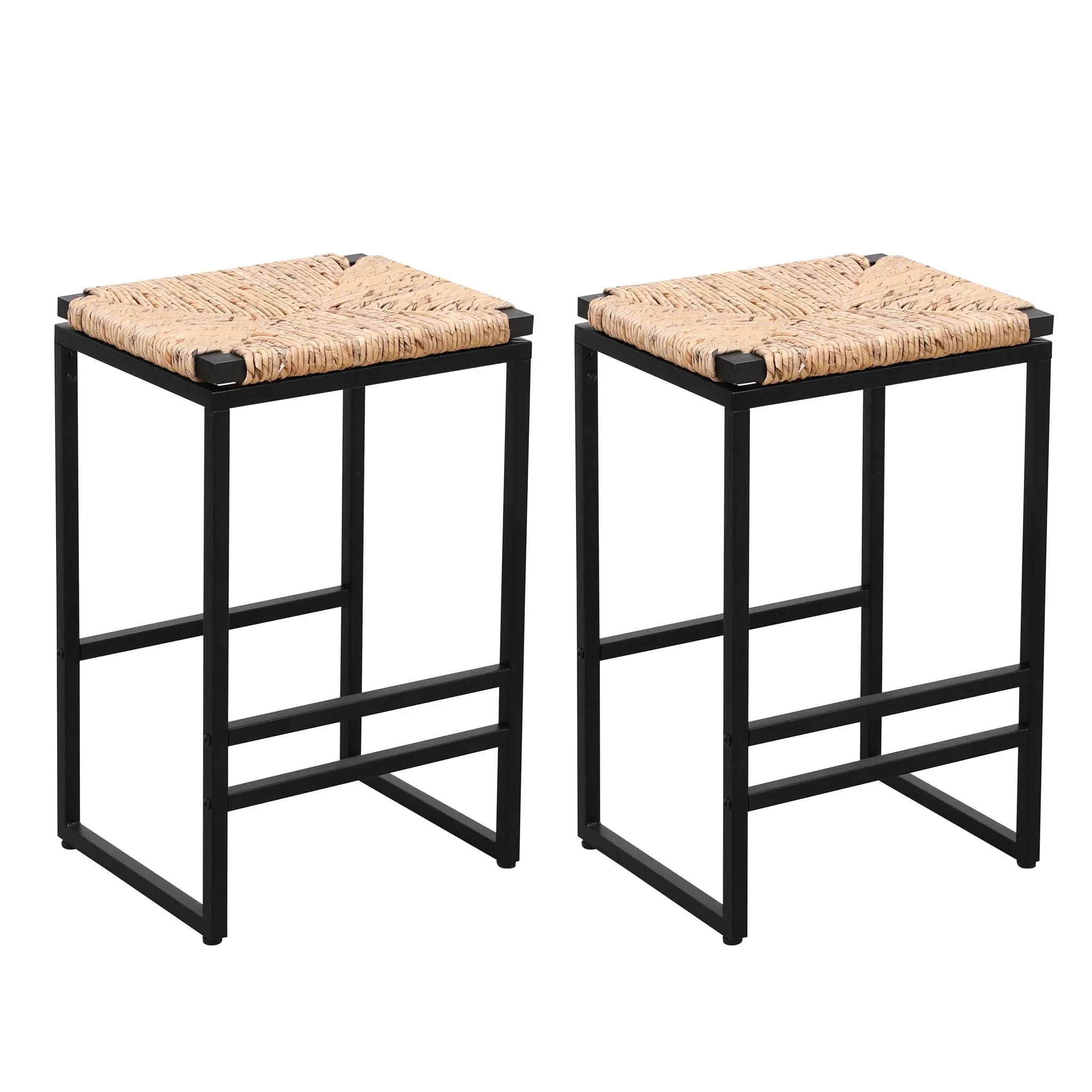 25" Height Backless Water Hyacinth Woven Bar Stools With Footrest (Set of 2) - Natural by HouseOfZazla