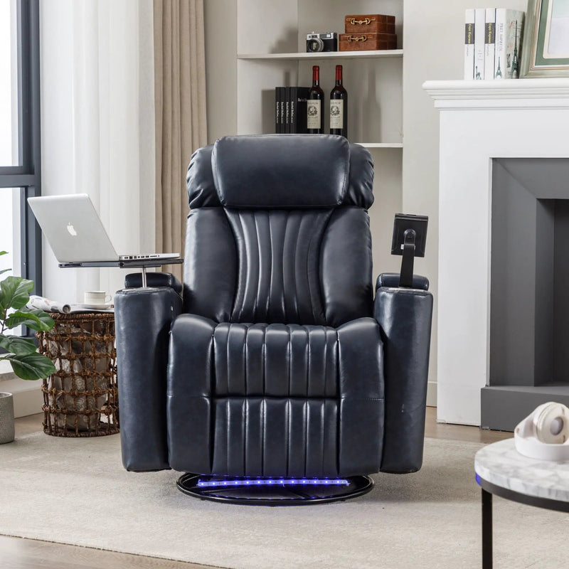 270° Power Swivel Recliner Home Theater Chair With Hidden Arm Storage, LED Light, Cup Holder, And Tray Table by HouseOfZazla