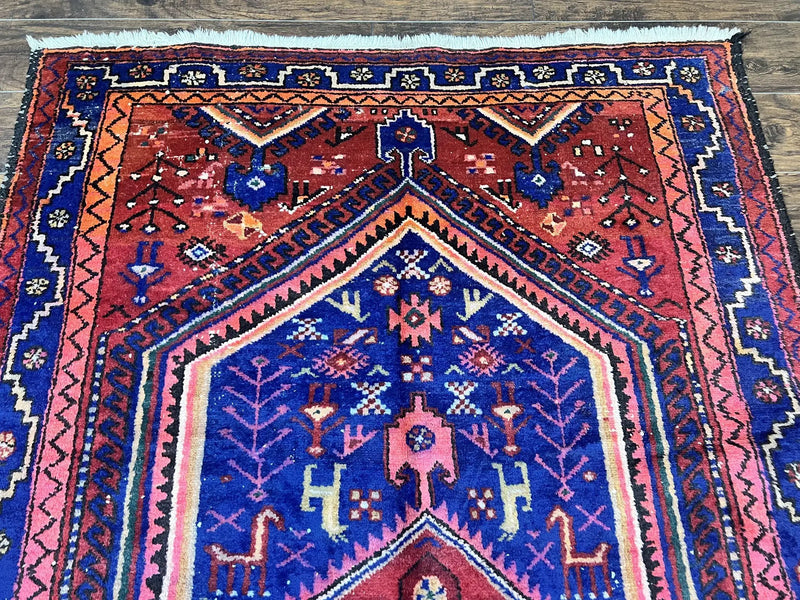 Persian Tribal Rug 5x7, Wool Handmade Vintage Hamadan Nahavand Carpet, Red & Navy Blue, Animal Motifs, Geometric Oriental Rug 5 x 7 by Jewel Rugs