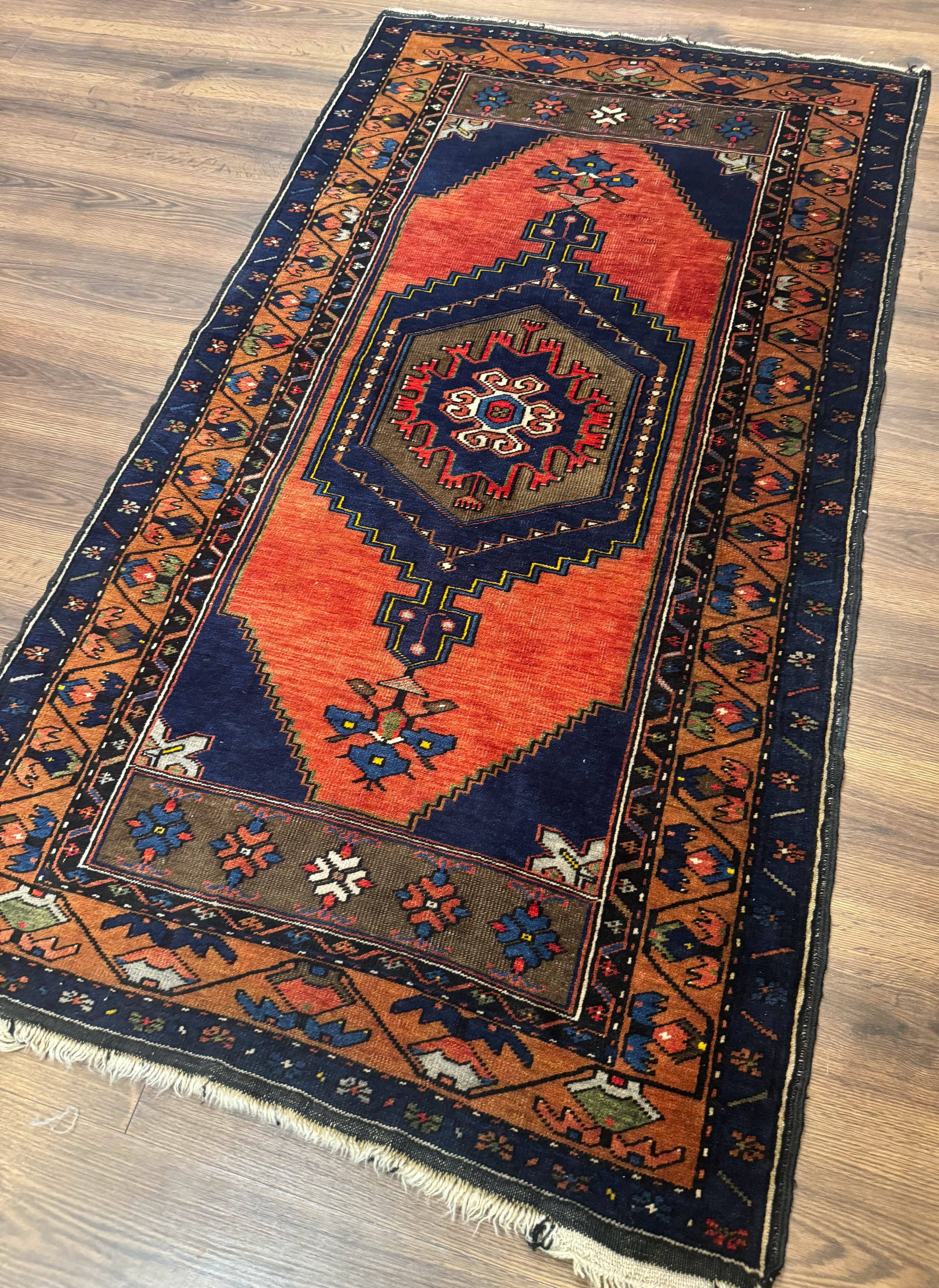 Persian Rug 3x6, Geometric Medallion, Village Tribal Rug, Terracotta and Navy Blue, Antique Nahavand Hamadan Rug by Jewel Rugs