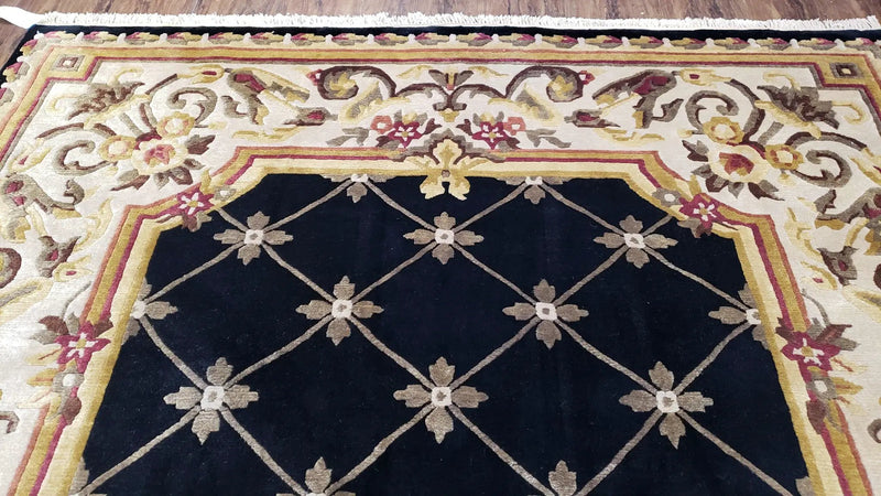 Nepal Rug 6x9, New Aubusson Nepalese Tibetan Carpet 6'1" x 8' 8", Hand-Knotted Wool, Unused, Black & Cream, Savonnerie Pattern, Soft Pile by Jewel Rugs