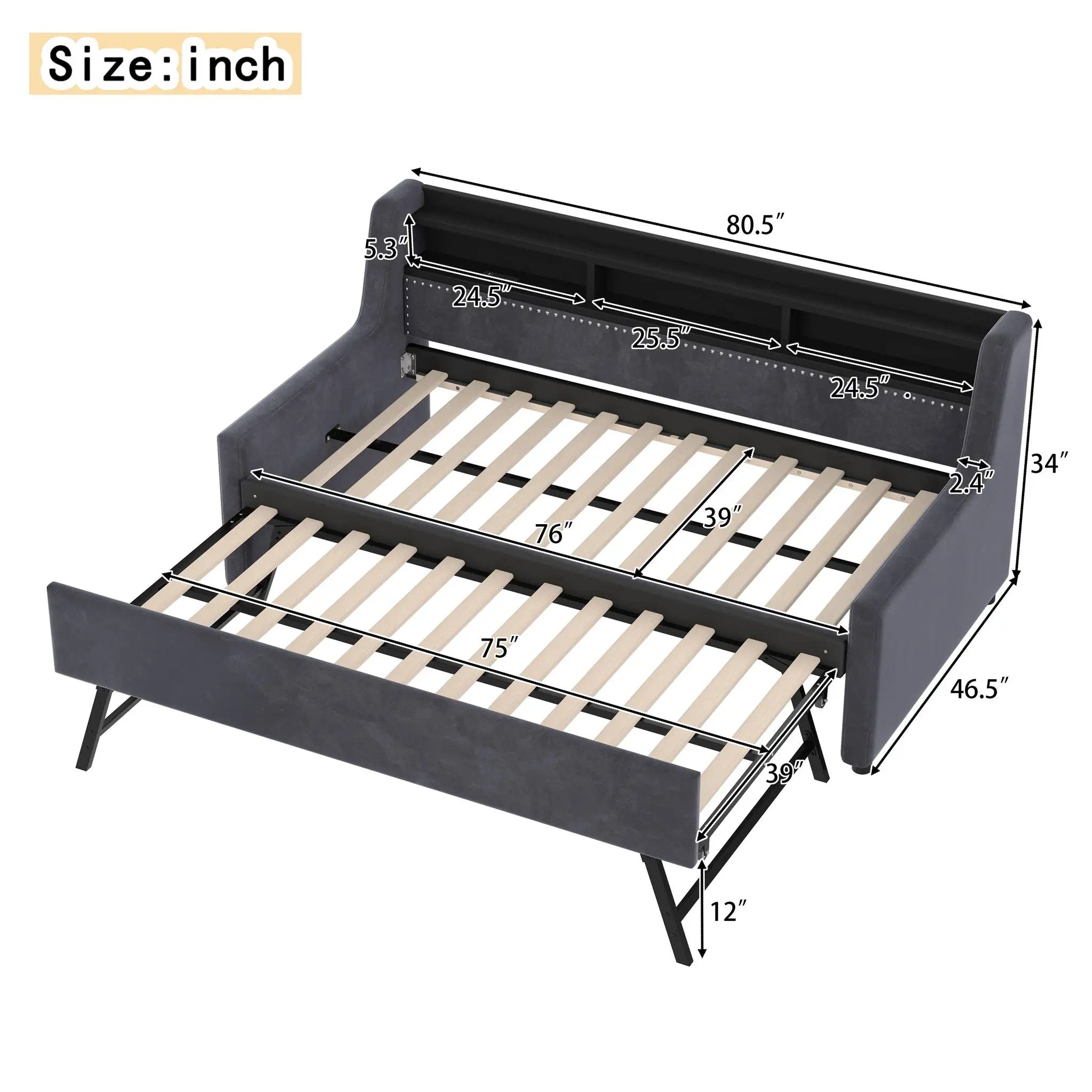 Twin Size Daybed With Trundle With LED Light ? Charging Station - Dark Gray by HouseOfZazla