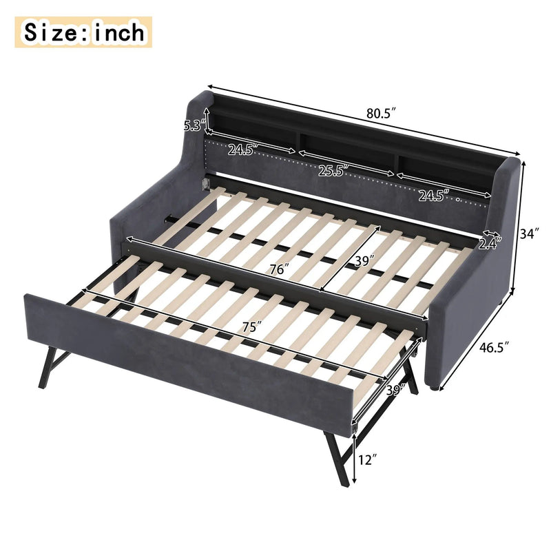 Twin Size Daybed With Trundle With LED Light ? Charging Station - Dark Gray by HouseOfZazla