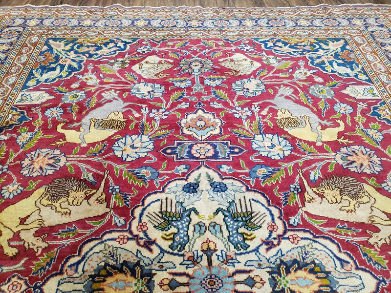 Antique Turkish Sivas Area Rug 8x11, Hand-Knotted, Vintage Red Wool Carpet, Gazelles Lions, Boteh Border, 8' x 11' Top Quality Oriental Rug by Jewel Rugs