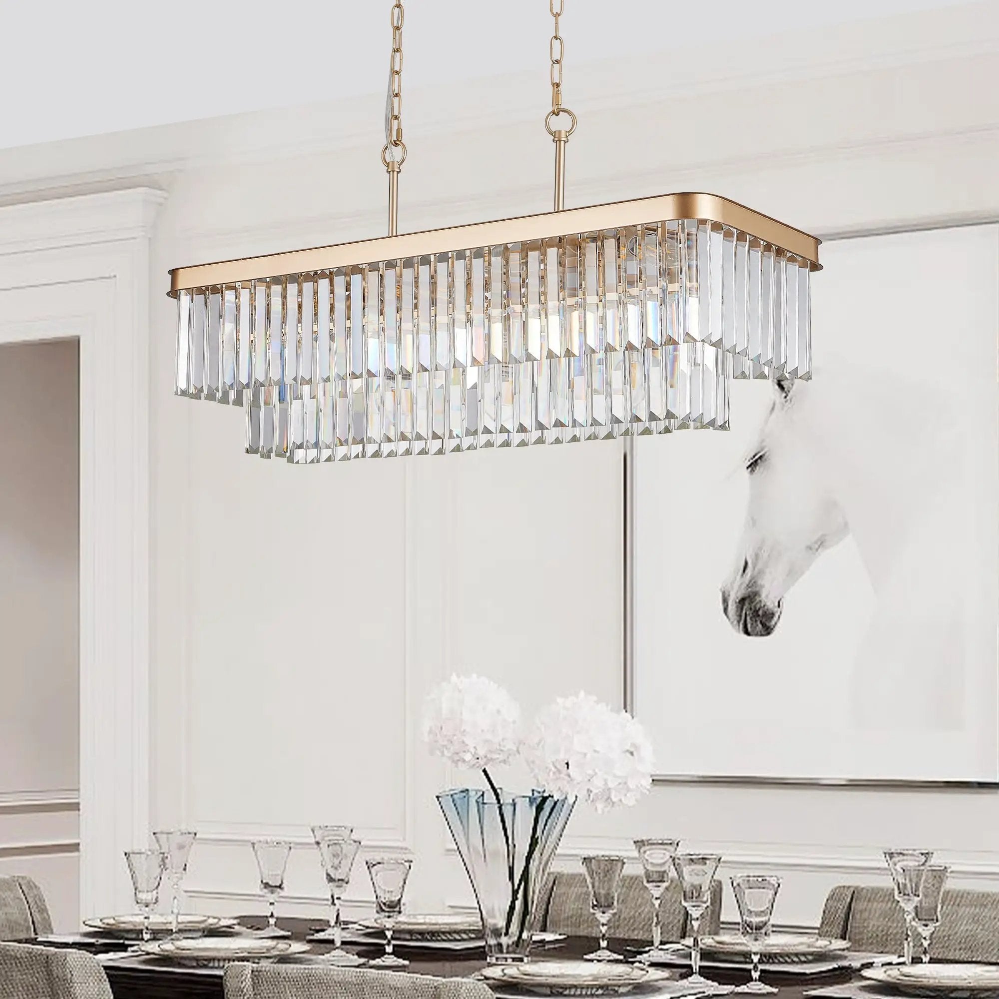 Rectangular Crystal Chandelier Adjustable Gold Iron Ceiling Light by HouseOfZazla