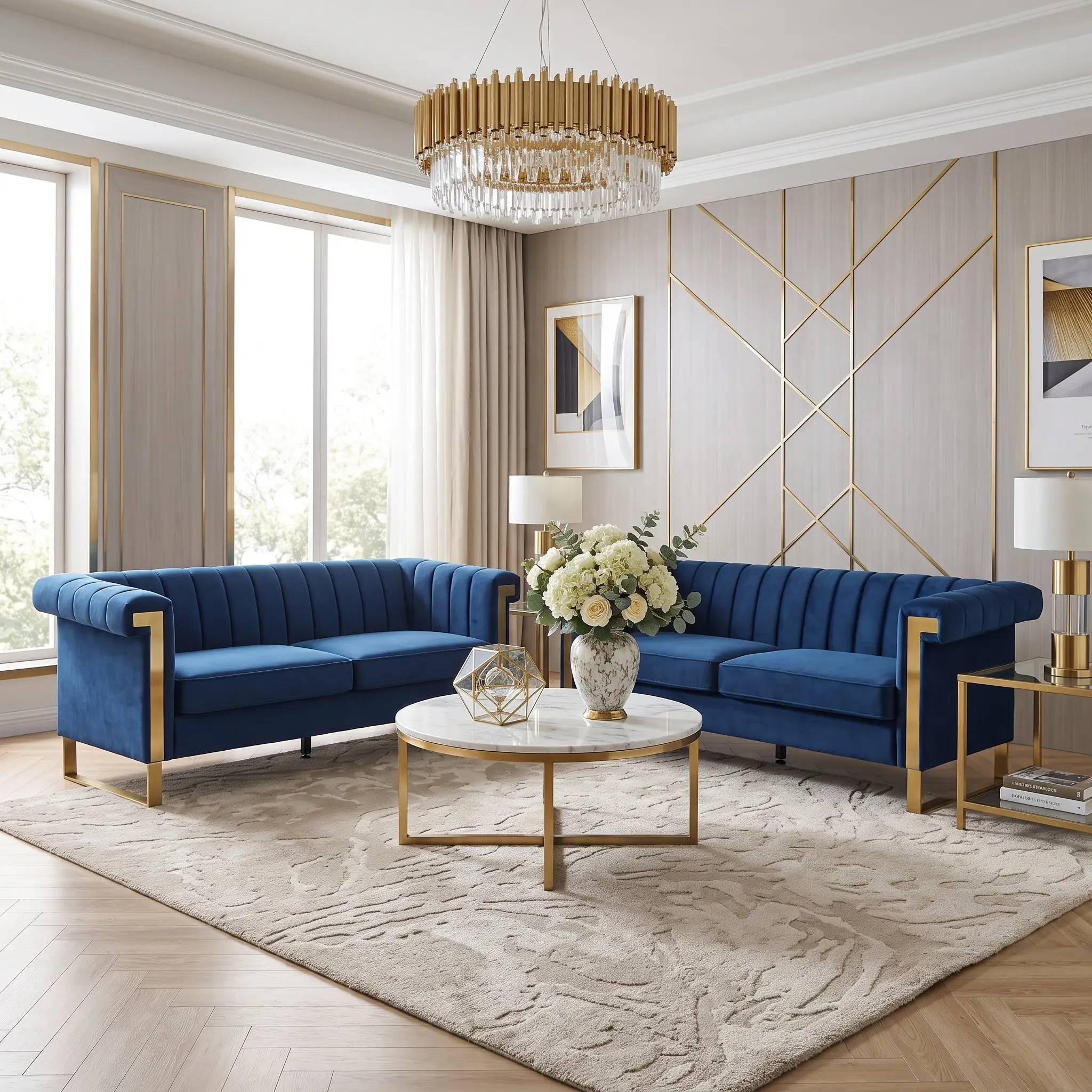 Vintage Blue Velvet 2 Piece Sofa Set by HouseOfZazla