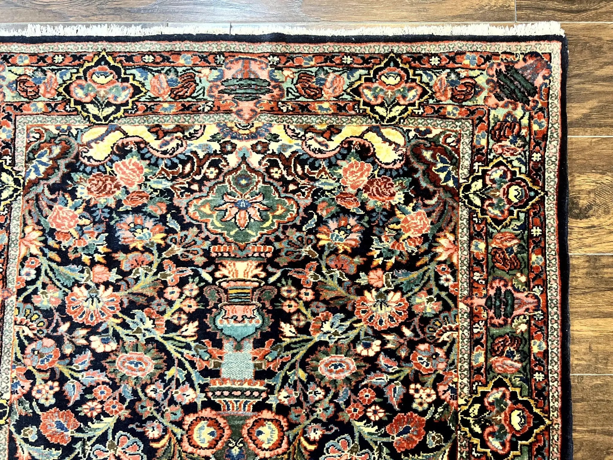 Persian Saoruk Rug 4x5, Navy Blue and Red, Floral, Antique Persian Wool Carpet, Handmade by Jewel Rugs