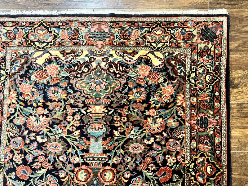 Persian Saoruk Rug 4x5, Navy Blue and Red, Floral, Antique Persian Wool Carpet, Handmade by Jewel Rugs