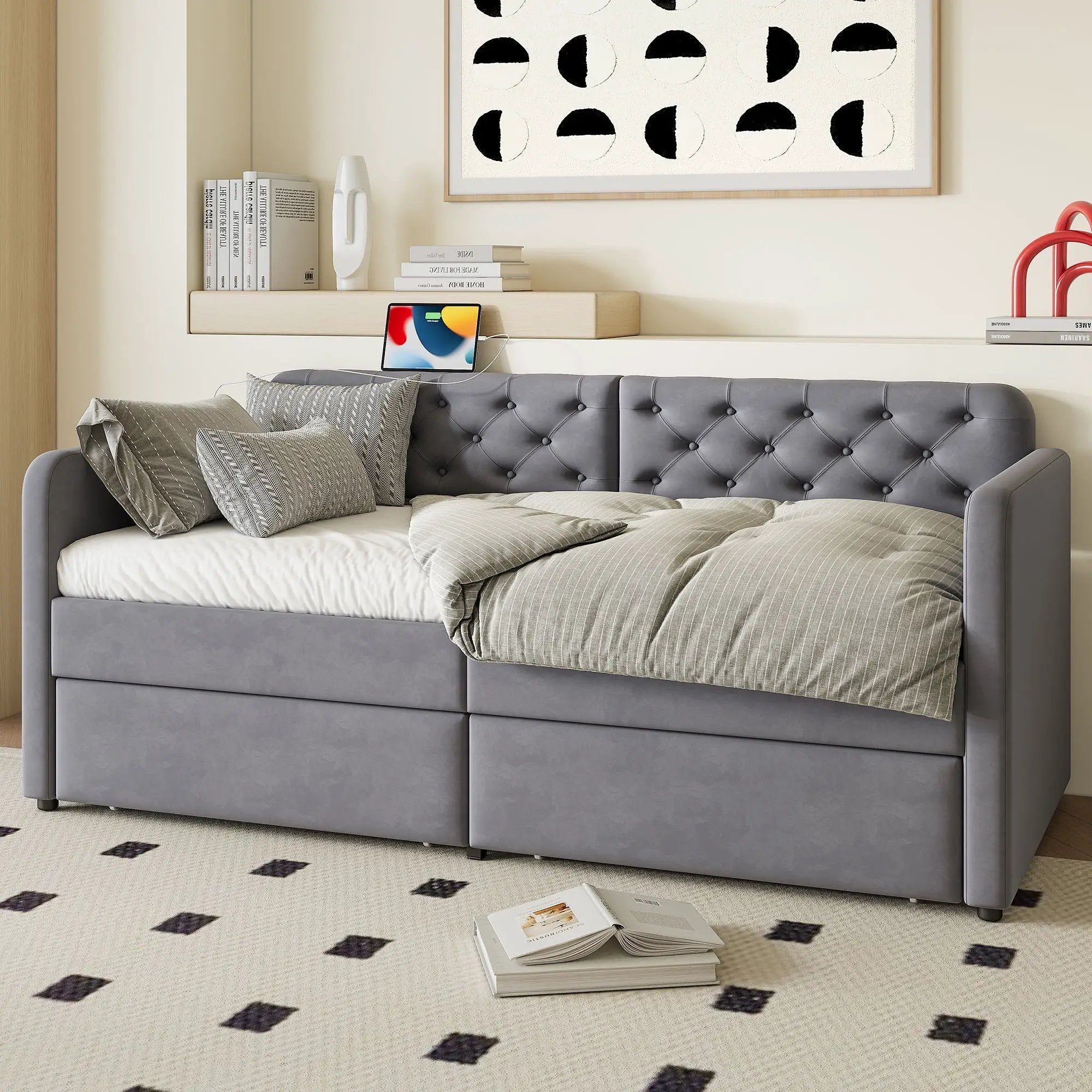 Twin Size Upholstered Daybed With 2 Storage Drawers And USB Charging Design - Gray by HouseOfZazla