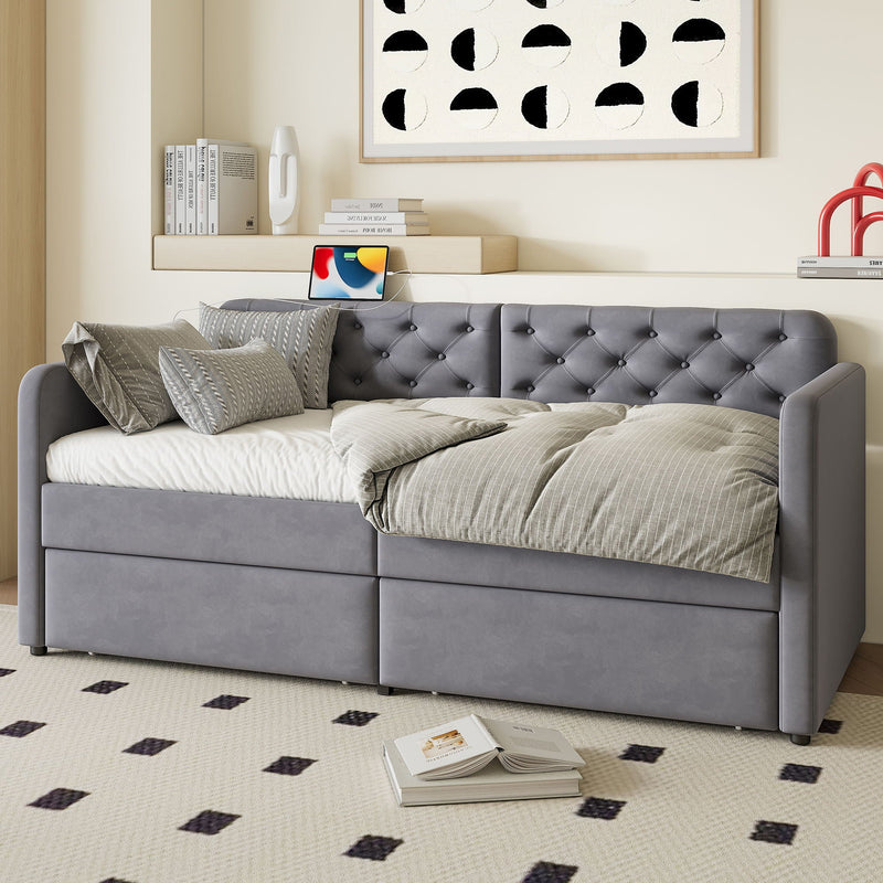 Twin Size Upholstered Daybed With 2 Storage Drawers And USB Charging Design - Gray by HouseOfZazla