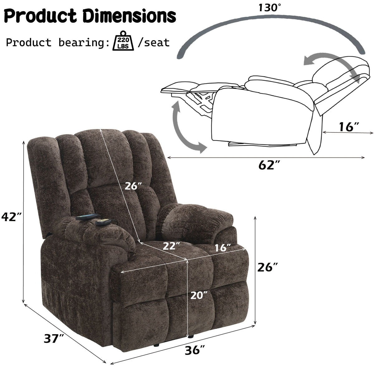Power Motion Recliner with Lift, Heating & Massage - Brown, photo 3 of 4