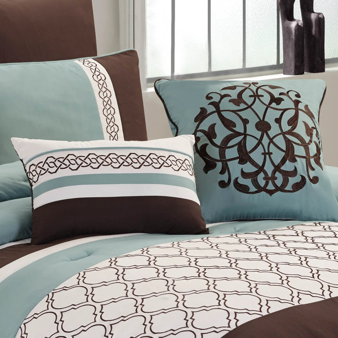 Tolbert 8 Pc Teal & Brown Geometric Embroidered Comforter Set by HouseOfZazla