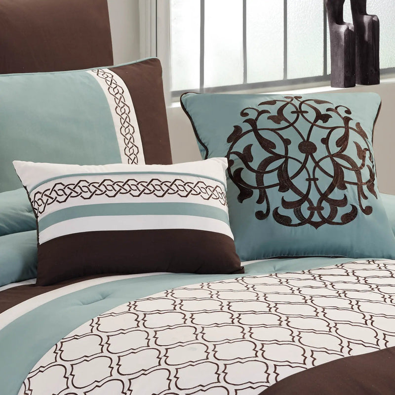 Tolbert 8 Pc Teal & Brown Geometric Embroidered Comforter Set by HouseOfZazla