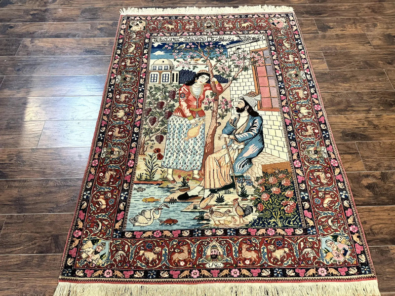 Wonderful Persian Kashan Pictorial Rug 4.7 x 6.5, Persian Rug for Wall Hanging, Handmade Antique Wool Carpet Animal Motifs Poetry Lovers, 240 KPSI by Jewel Rugs