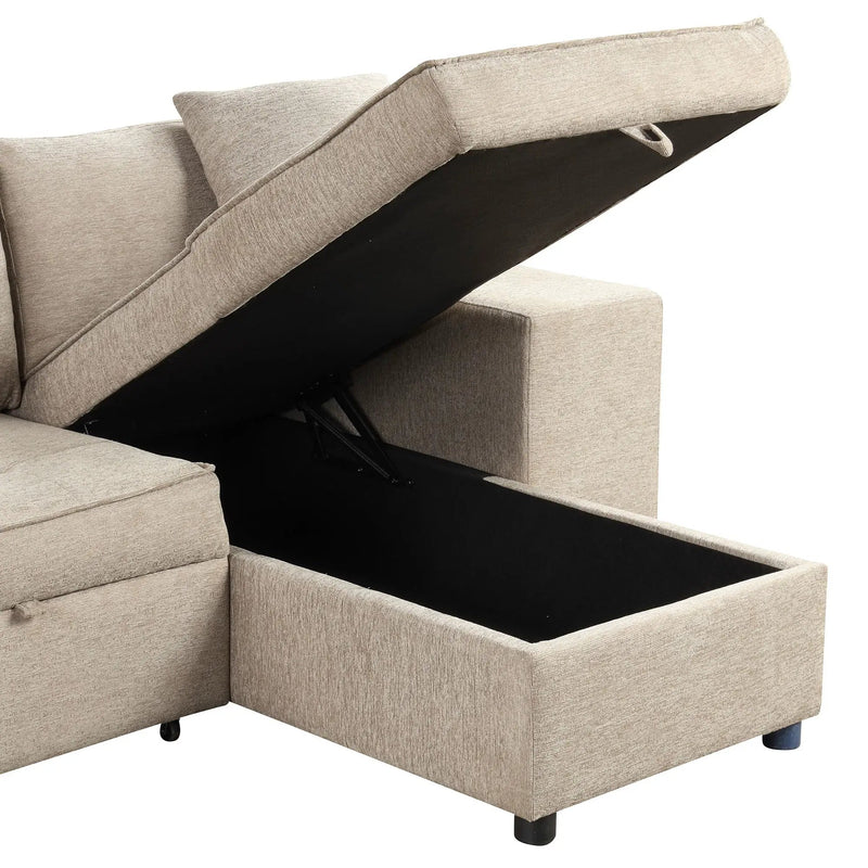 Modern L-Shape 3 Seat Reversible Sectional Couch, Pull Out Sleeper Sofa With Storage Chaise And 2 Stools For Living Room Furniture Set by HouseOfZazla