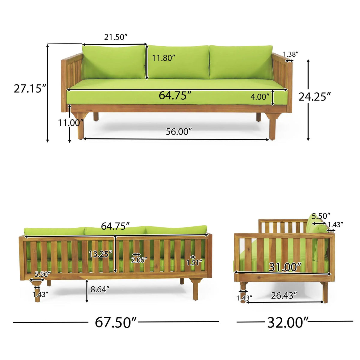 Claremont 3 Seater Daybed Teak Acacia Wood Water Resistant Cushions by HouseOfZazla
