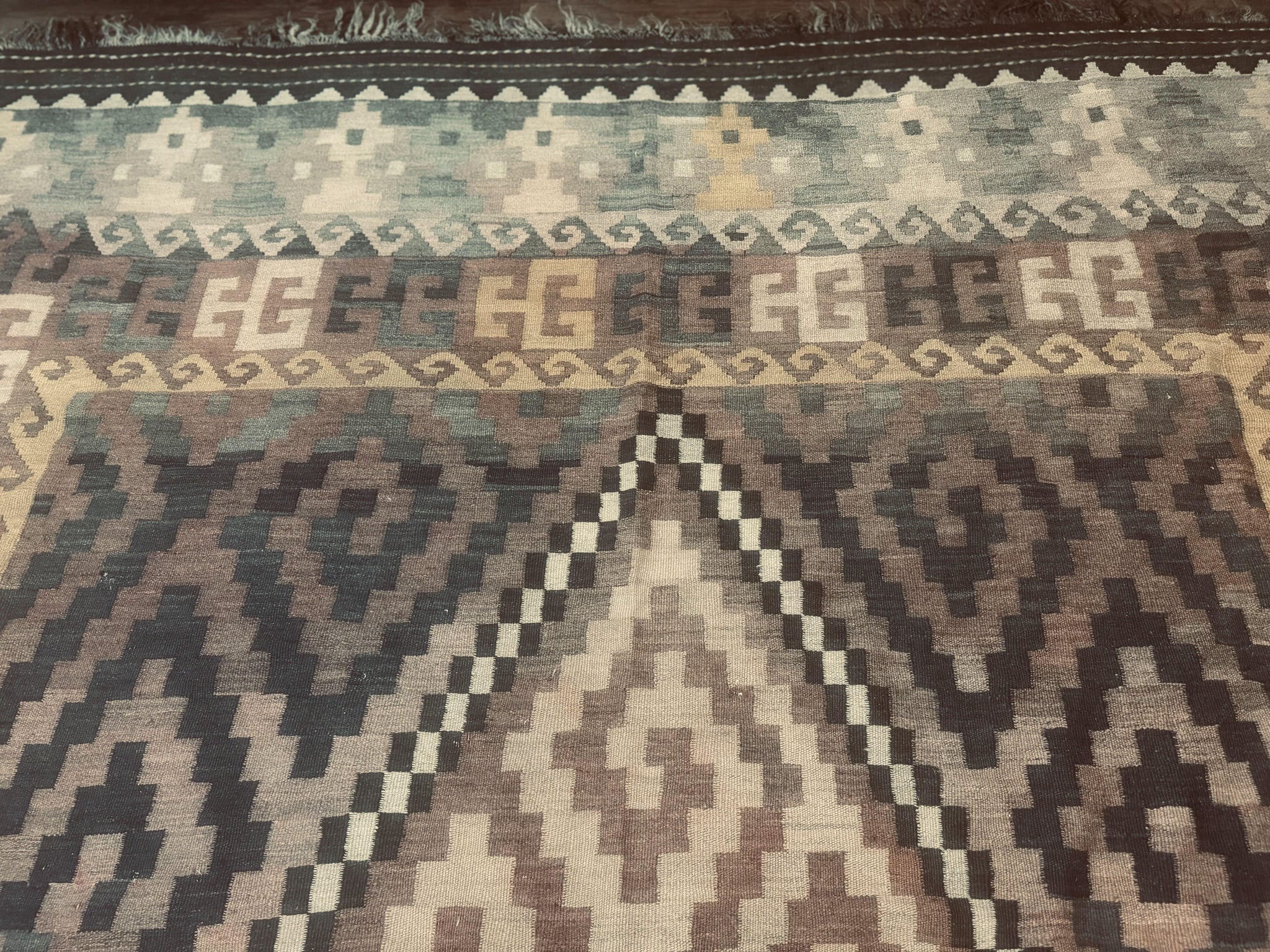 Antique Persian Tribal Kilim Rug 9x12, Zig Zag Pattern Kilim, Zarand Rug, Wool, Earth Tone Colors by Jewel Rugs
