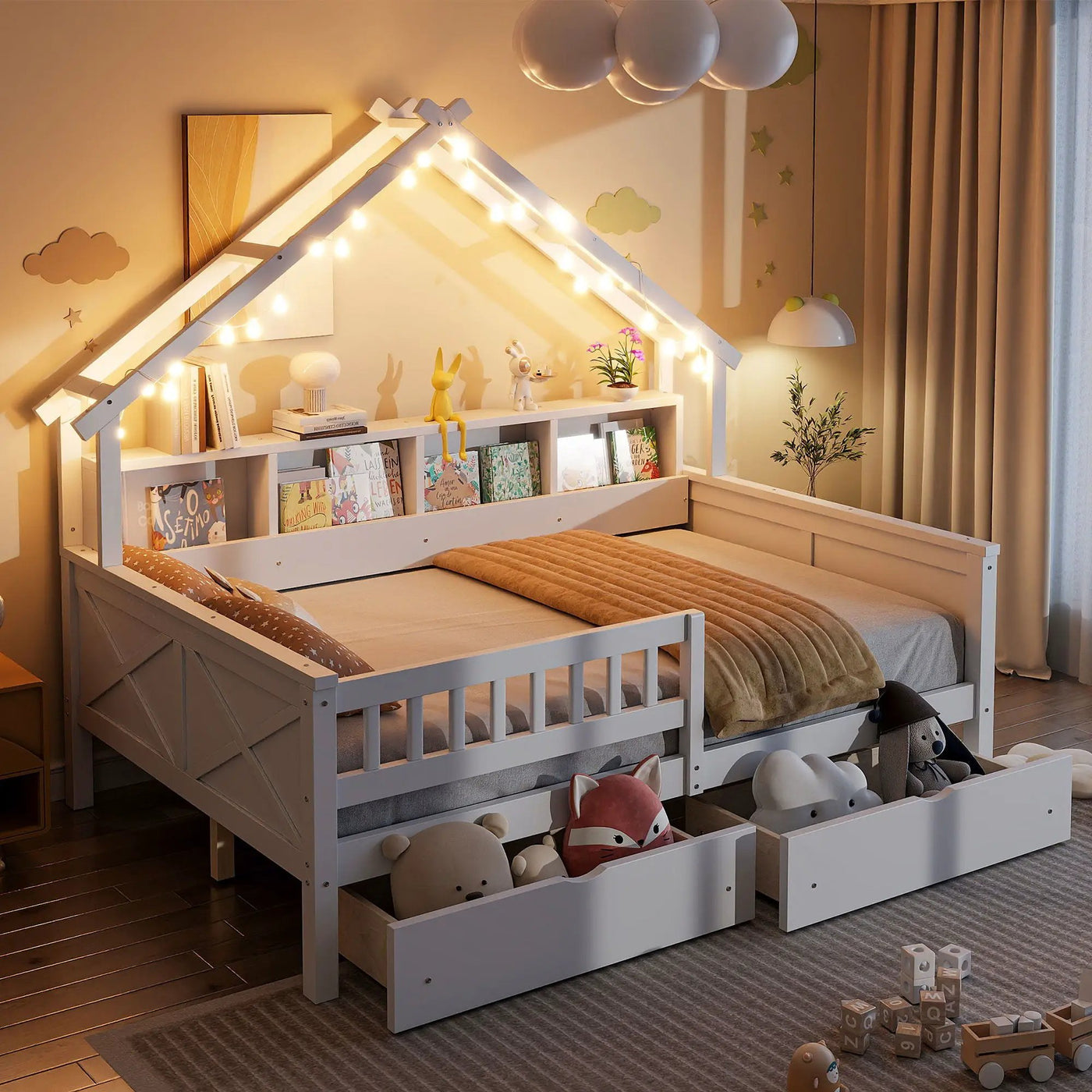House Style Platform Bed With LED Lights, Storage Shelves, Drawers, And Guardrail by HouseOfZazla