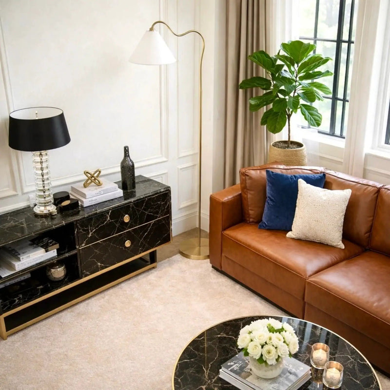 Majestic - Ring Base Curved Floor Lamp With Triangle Drum Shade - Gold / White by Unique Piece Furniture